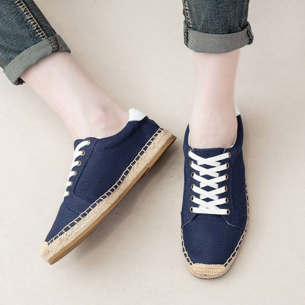 S Men Fisherman Spring Summer New Linen Canvas Simple And Casual Grass Woven Soft Sole Lace Up Sports Shoes One Foot Pedal Ddmysaturn