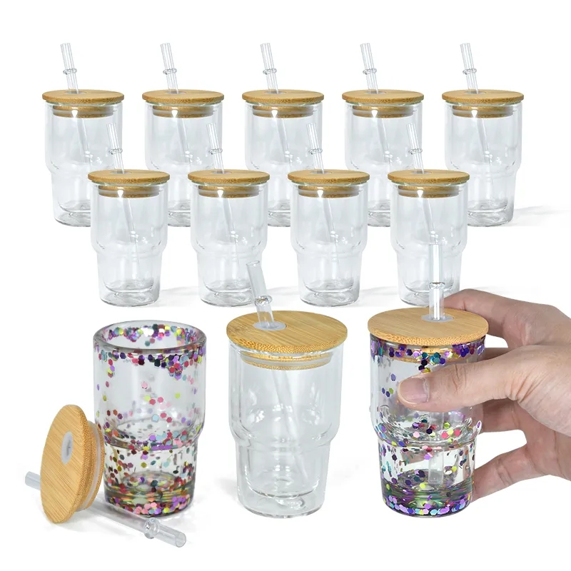 3oz Sublimation Blanks Snow Globe Glass Tumbler Double Wall Snowglobe DIY Glitter Mini Shot Cups Mugs With Pre Drilled Hole And Bamboo Lids For Whisky Espresso