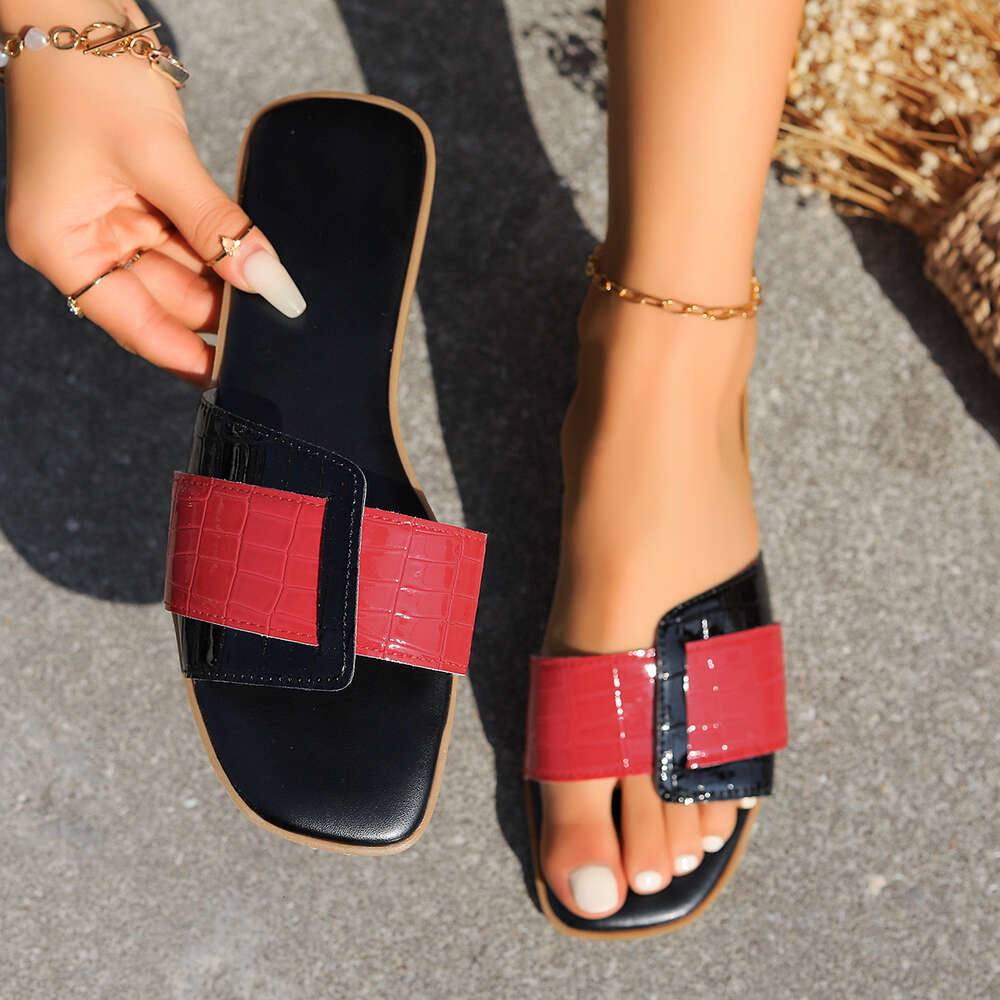 New Large Summer Fashion One Word Leather Button Beach Slippers Ddmysaturn