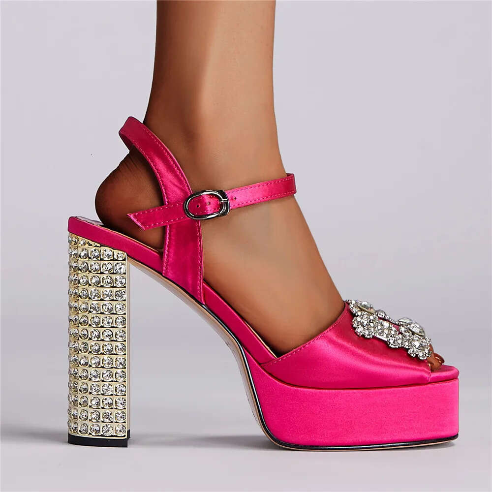 Summer New Crystal Women's Shoes Fashion Thick High Heels Fish Mouth Sexy Large Size Dress Sandals