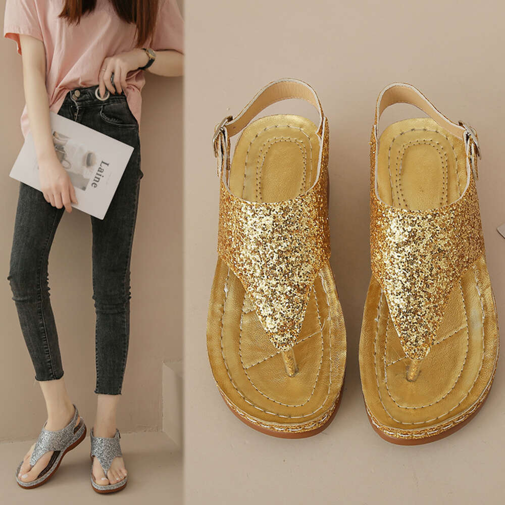 Size For Large Women S Fashion Sequin Clip Toe Buckle With Herringbone Flat Sole Sandals Ddmysaturn