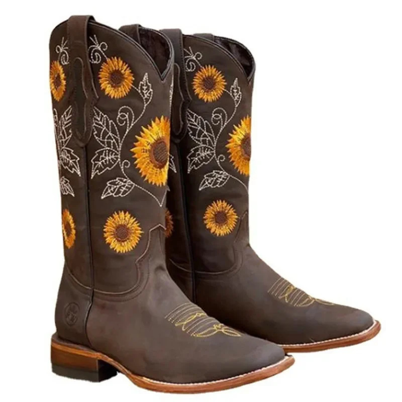 Women Coffee Brown Embroidery Boots PU Leather Printed Western Cowboy Boots Deep V-mouth High Tube Casual Boots Classic 240619