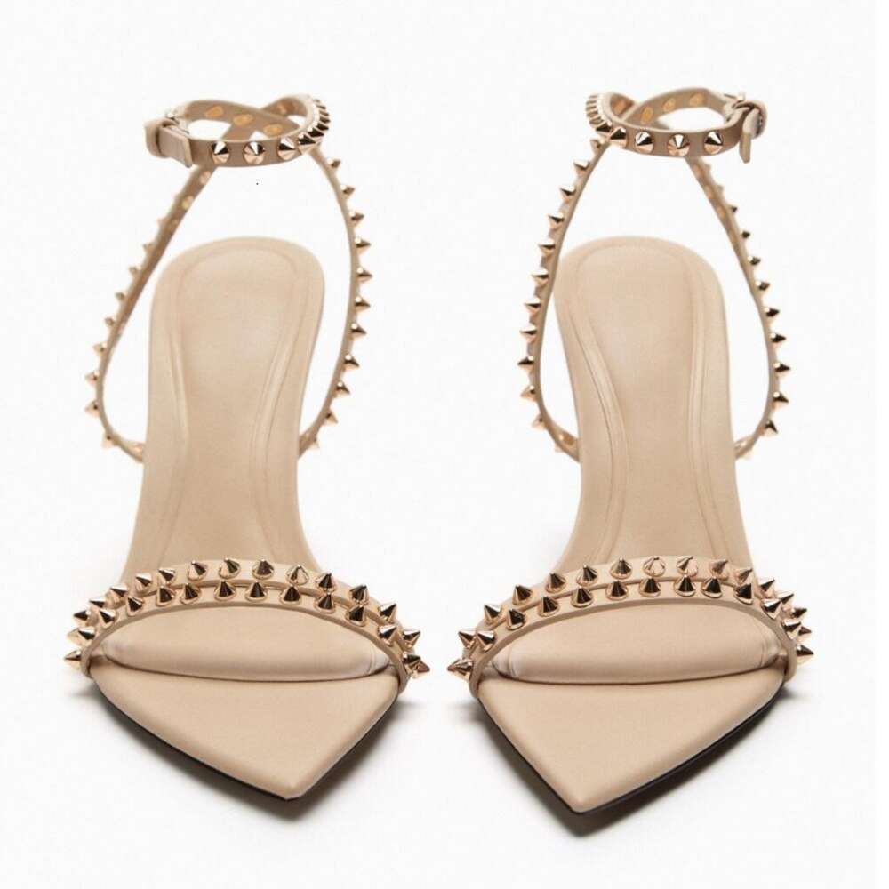 European And American Summer Versatile Slim High Heeled Pointed Shoes, Women's Fashionable Rivet Cross Buckle Sandals