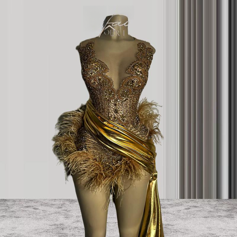 Gold Sexy Crystals Feather Short Prom Dresses For Black Girls See Through African American Cocktail Dresses Birthday Party Homecoming Gowns