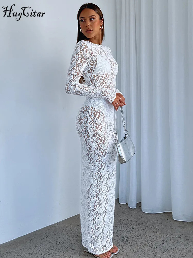 Hugcitar Floral Print Long Sleeve Sexy Bodycon Sheer See Through Maxi Dress Fall Women Fashion Streetwear Party Outfit Y2K 240615