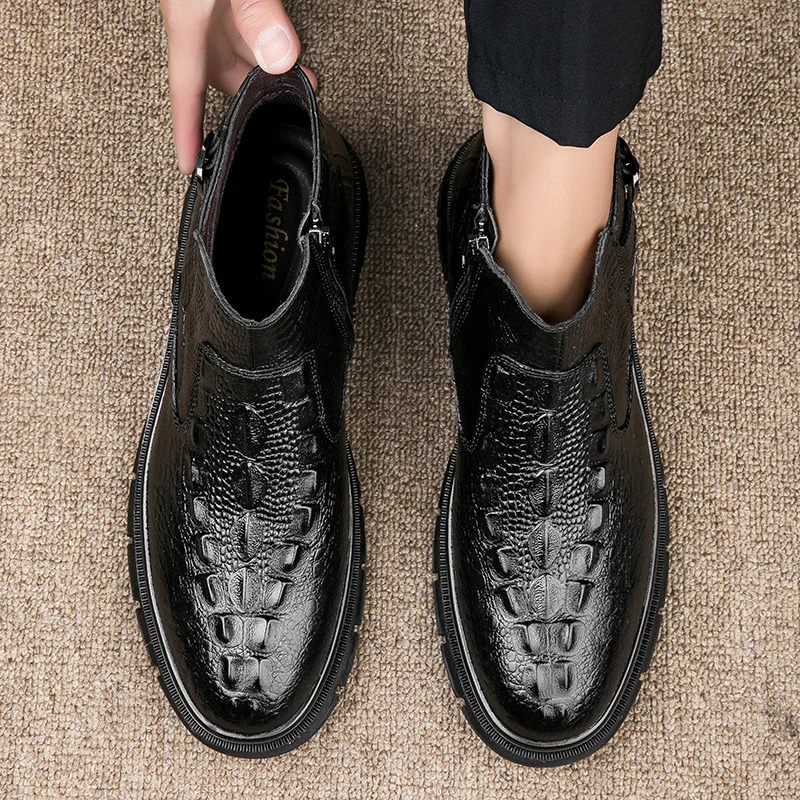 Chelsea Shoes for Men's Fashion Cotton Shoes Mens Thick Soled Ened Genuine Leather Comfort Casual Snow Boots Zapatillas Hombre 240619