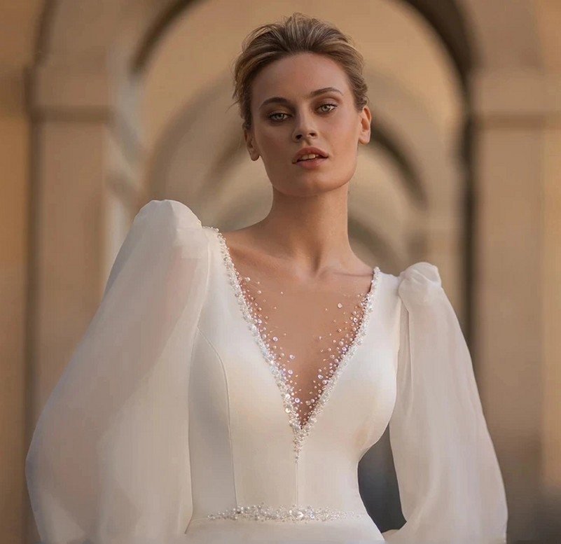 Mermaid Wedding Sexy Dress 2024 V-Neck Beads Backless Long Puff Sleeves Princess Bride Gown Vestidos De Novia Custom Made