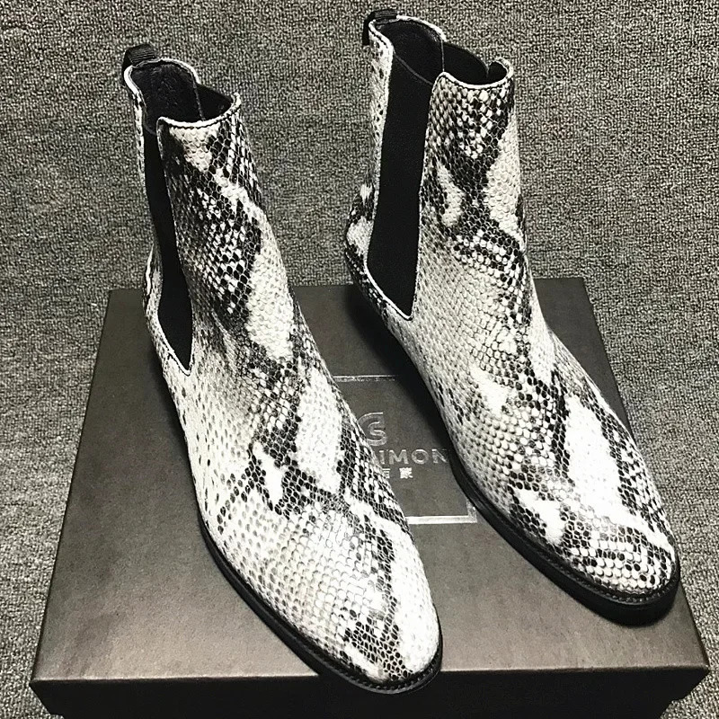 Pointy Toe Boots For Men Snake Print Chelsea Boots Men Fashion Men Shoes Leather 14#21/10d50 240619