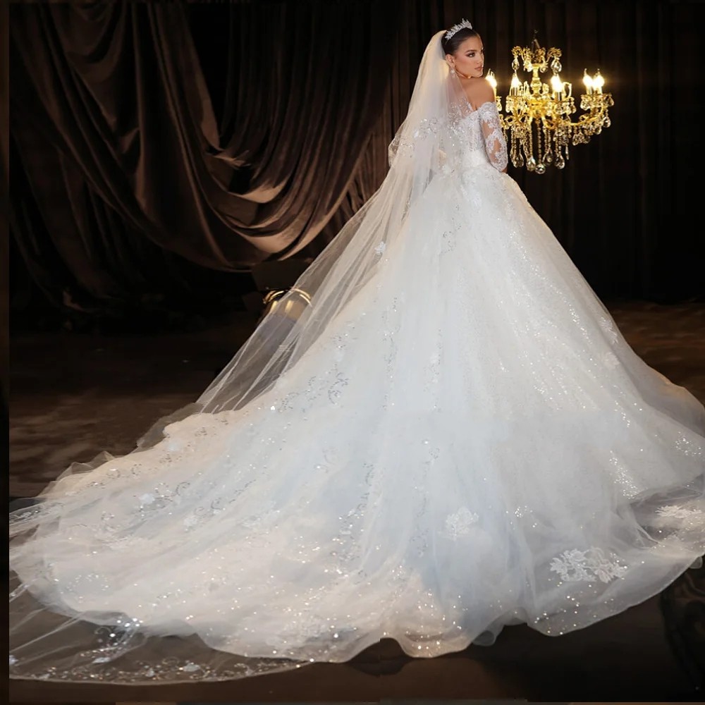 2025 New Shining A-Line Wedding Dress Three Quarter Sleeves Lace Beads Sequins Brides Gowns for Women Vestidos De Novia Customed Made