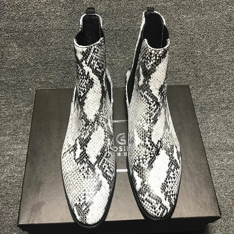 Pointy Toe Boots For Men Snake Print Chelsea Boots Men Fashion Men Shoes Leather 14#21/10d50 240619
