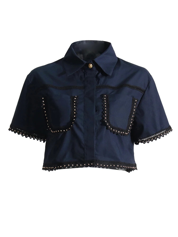 TWOTWINSTYLE Solid Summer Two Piece Sets For Women Lapel Short Sleeve Tops High Waist A Line Skirt Slim Set Female Fashion 240618