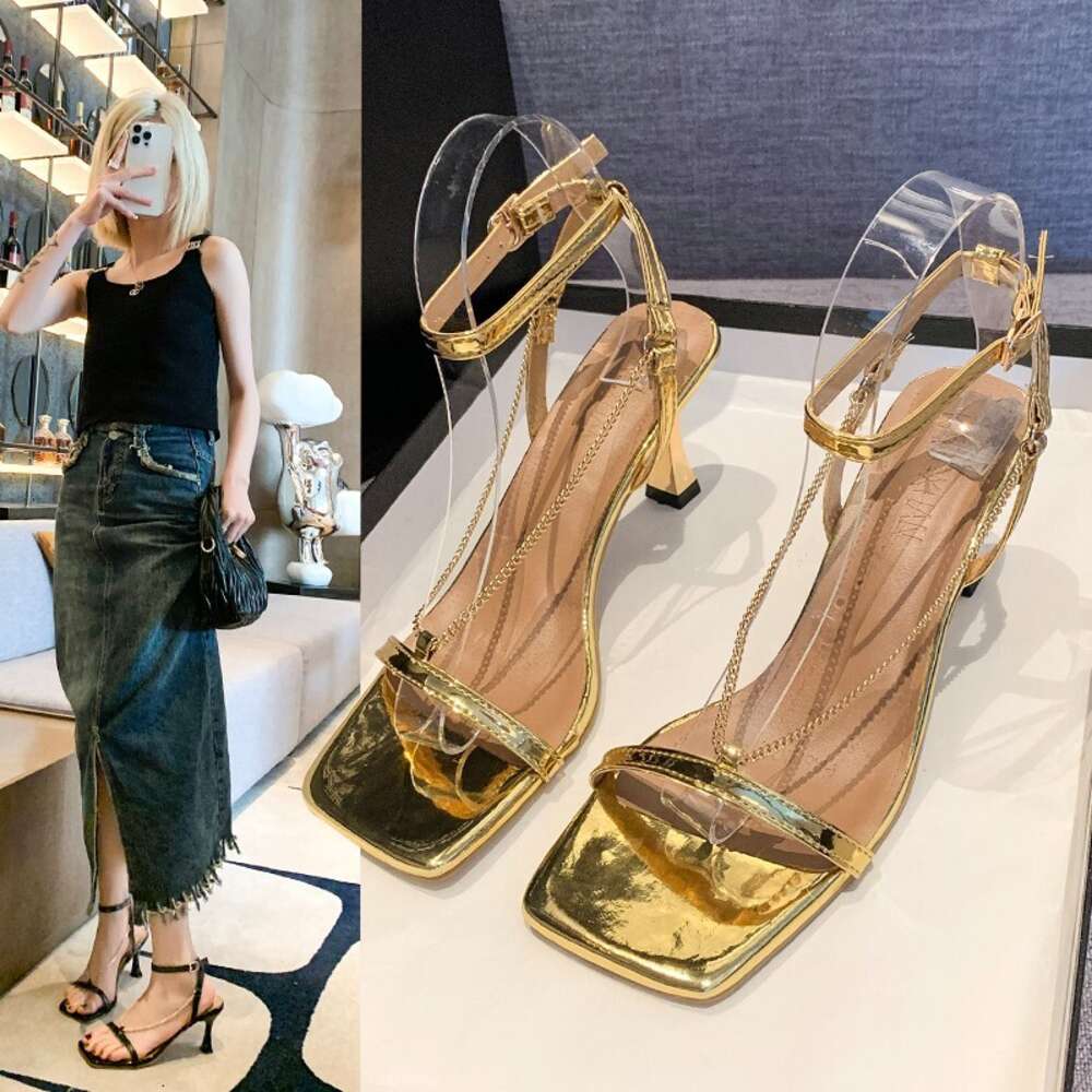 Summer New Large Women S Fashion American Metal Chain High Heel Sandals Ddmysaturn