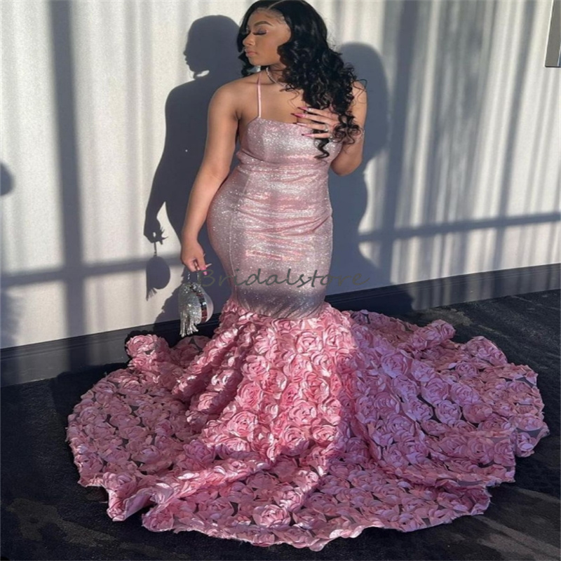 Large Size Pink Prom Dresses For Black Women Bottom 3D Florals Sparkly Spaghetti Straps Afrian Evening Dress Engagement Birthday Special Occasio Forma