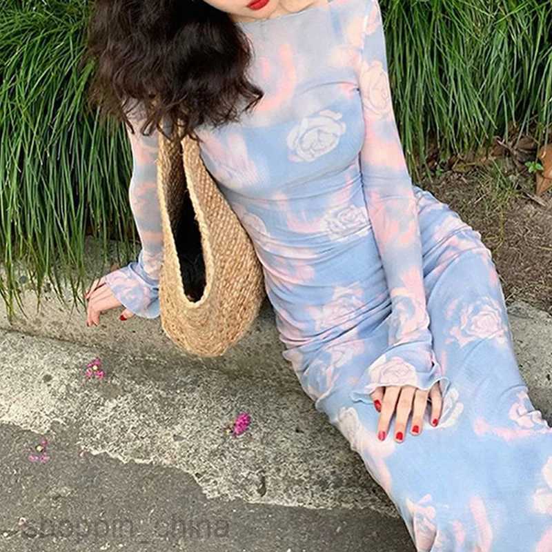 Basic Casual Dresses New Maxi Dress For Women Autumn Fashion Streetwear Print Long Sleeves O-Neck Sexy Dress Bodycon Casual Elegant Club Party Dress