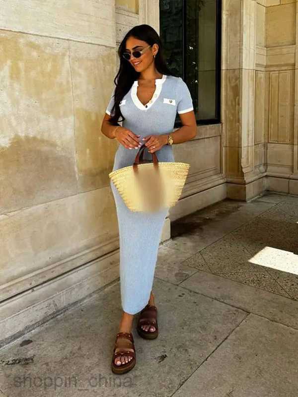 Basic Casual Dresses Women Fashion Blue Knit Dress Elegant V-neck Short Sleeves Bodycon Midi Dresses New Female High Street Party Vestidos