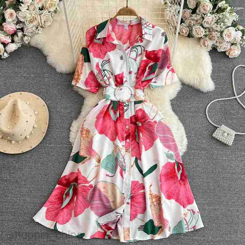 Basic Casual Dresses YuooMuoo Women Dress Fashion Print Floral A-line Shirt Dress Elegant Vintage Lady Summer Dress with Belt Casual Vestidos