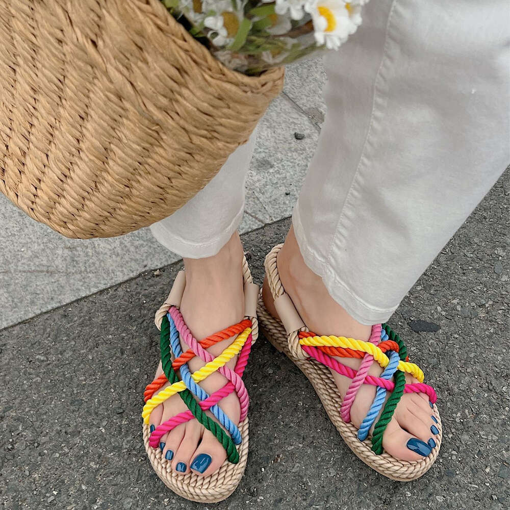 Summer Large Size New Women S Rainbow Dopamine Small Fresh Knitted Rope Sandals Ddmysaturn