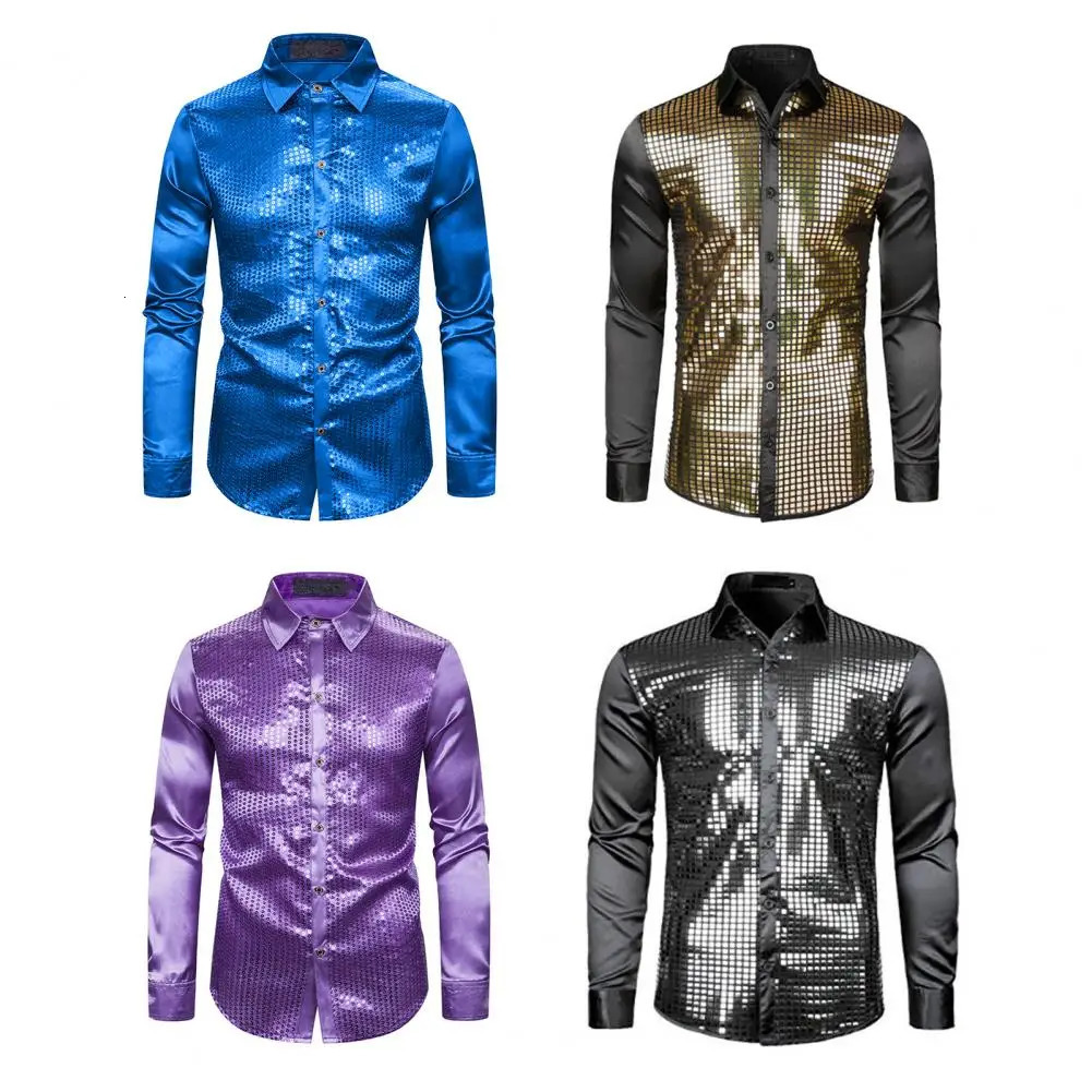 Men Shirt Club Dance Shirt Shiny Sequin Lapel Single-breasted Slim Fit Glossy Long Sleeve Performance Men Top 240615
