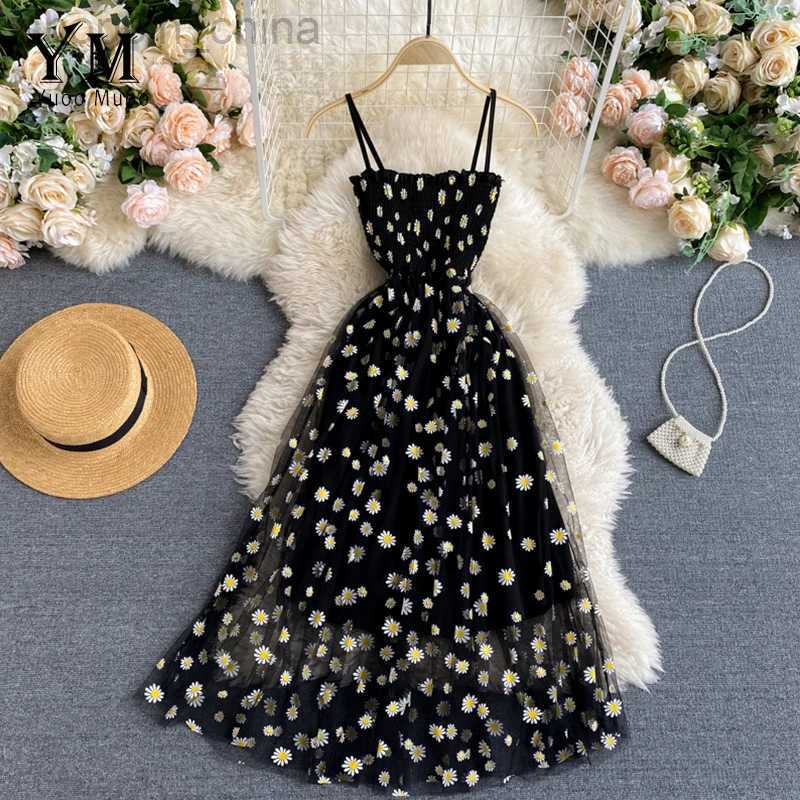 Basic Casual Dresses YuooMuoo Fashion Daisy Flower Print Mesh Party Dress Summer Two Layers Strap Vacation Midi Dress Beach Vestidos