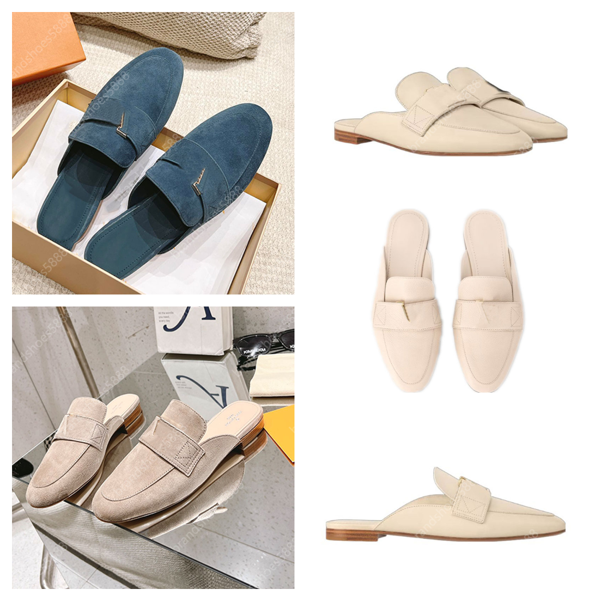 Open-Back Loafer Women Designer Shoes Luxury Loafers Mule Slides Slippers Suede Leather Mules Baotou Flat Sandals Room Woman Dress Sandal Seasons Casual Slipper