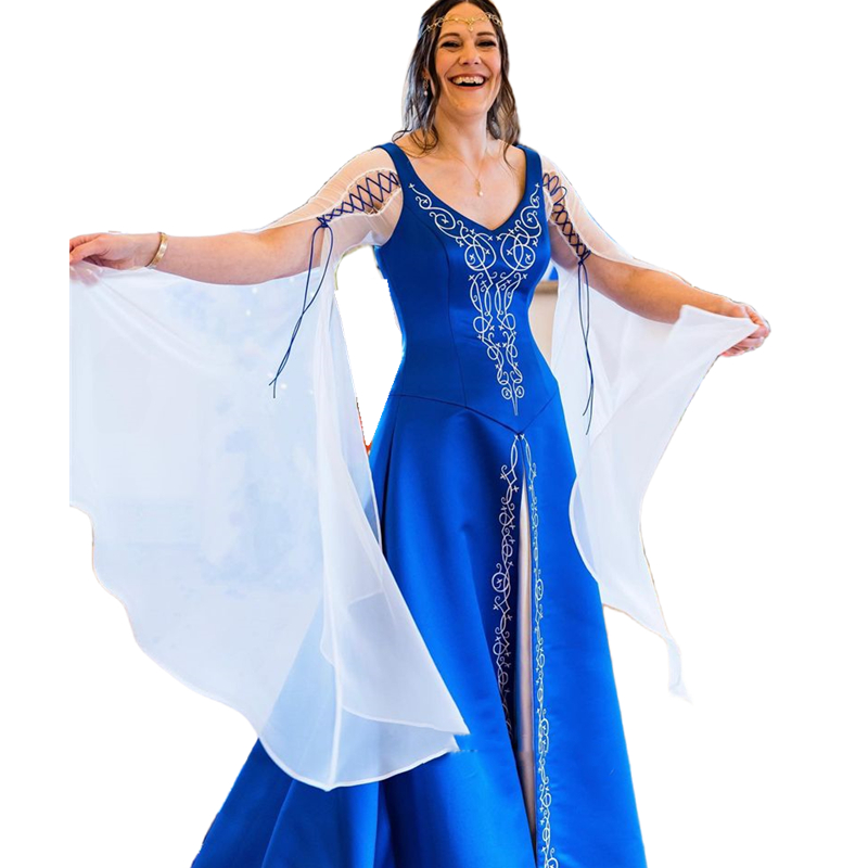 Middle East Embroidery Satin A-Line Wedding Dresses Flare Long Sleeves Royal Blue And White Bridal Gowns Court Train Country Garden Engagement Recepti