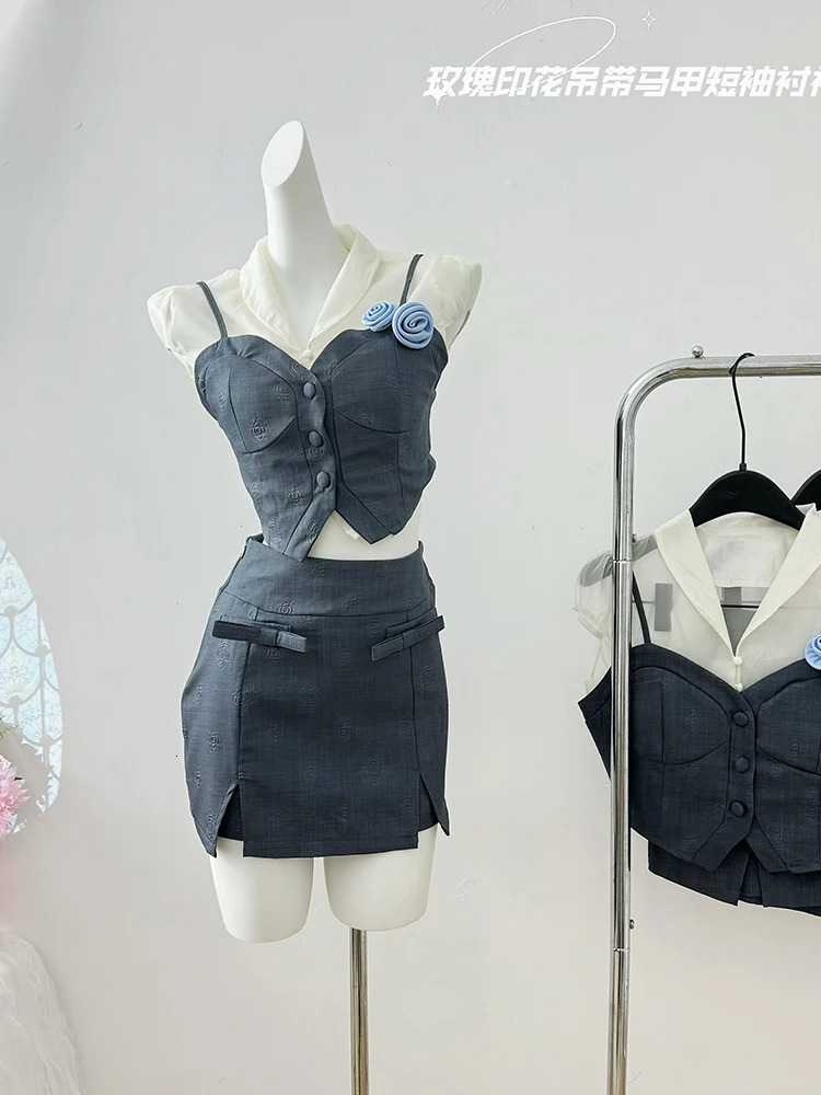 Summer Women Korean 2000s Cute Core Old Money Outfits 2 Piece Set Vintage Sleeveless Patchwork Crop Tops Mini Culottes Skirt 240618