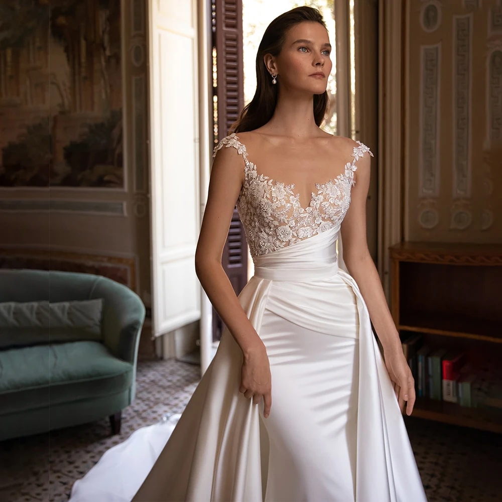 Wedding Dress Mermaid 2024 Sweetheart Sleeveless Lace Appliques Beads Detachable Train Princess Bride Gown Vestidos De Novia Custom Made