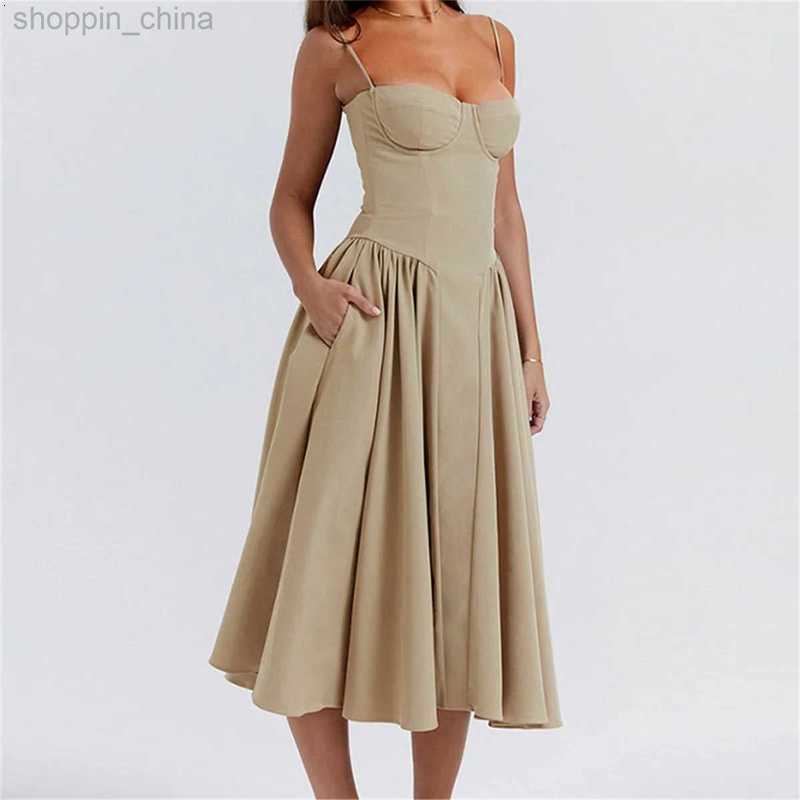 Basic Casual Dresses Fashion Sleeveless Backless Pleated Hem Dresses Women Sexy Solid Sling Midi Dress Summer Female Party Evening A-line Robes