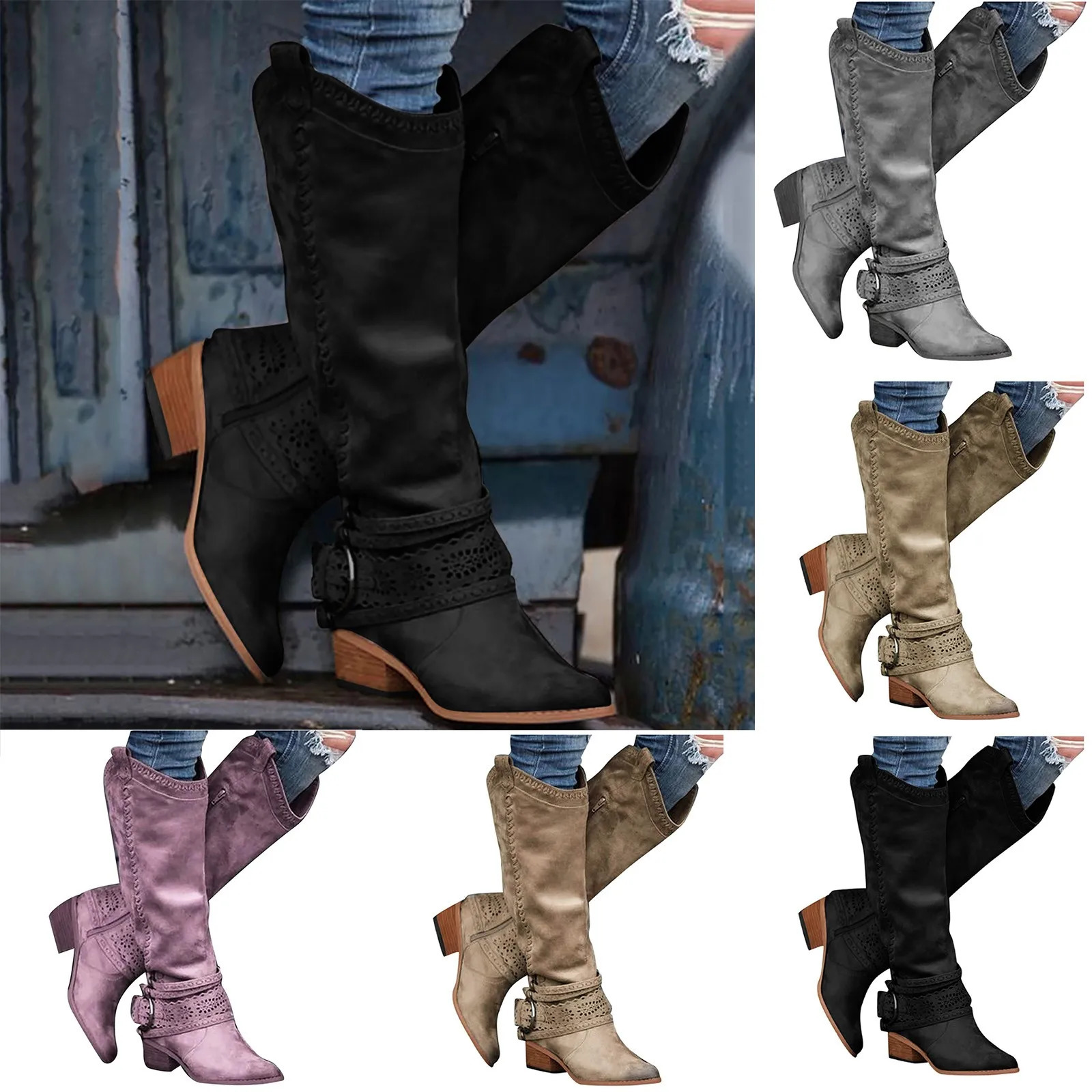 Western Cowboy Boots Buckle Ladies Low Heel Knee High Boots Retro Hollow Out Shoes Winter Female Shoes 240619