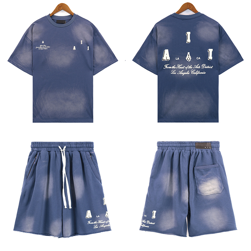 24ss USA Men's Arc Letter Print Washed Vintage T-shirt Cotton T shirts Summer Short Pants Suit Casual High Street Tee Shorts Tracksuit Sold Separately 0619