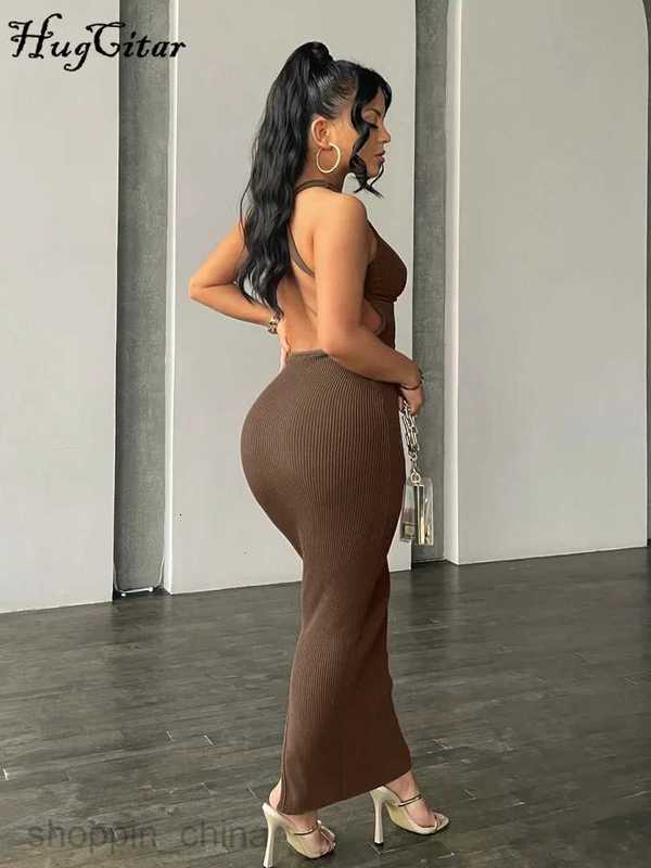 Basic Casual Dresses Hugcitar Ribbed Solid Hollow Out Backless Sleeveless Sexy Slit Mini Dress Bodycon 2024Summer Women Outfits Elegant Party Y2K