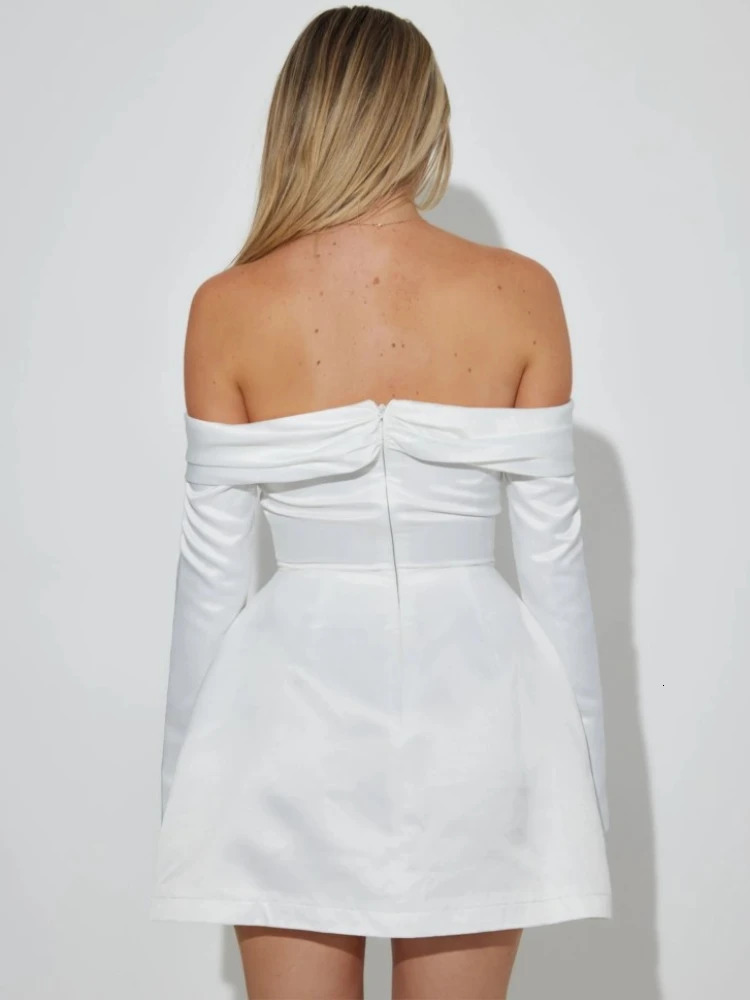 TARUXY Sexy Off Shoulder Mini Dress For Women Solid High Waist Long Sleeve Slits Aline Dresses Party Elegant Evening Dress Lady 240618