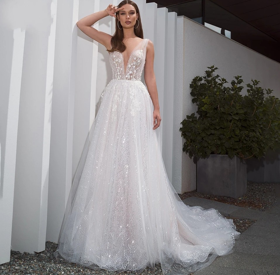 V-Neck Tulle Romantic Wedding 2024 Boho Beaded Appliques A-Line 3D Flowers Illusion Bridal Dress Bride Gown Vestidos De Novia Custom Made