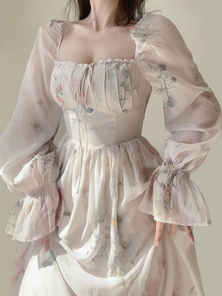 Summer Elegant Floral Fairy Dress Woman Beach Style Party Long Sleeve Midi Dress Fashion Female One Piece Dress Korean Boho 240618