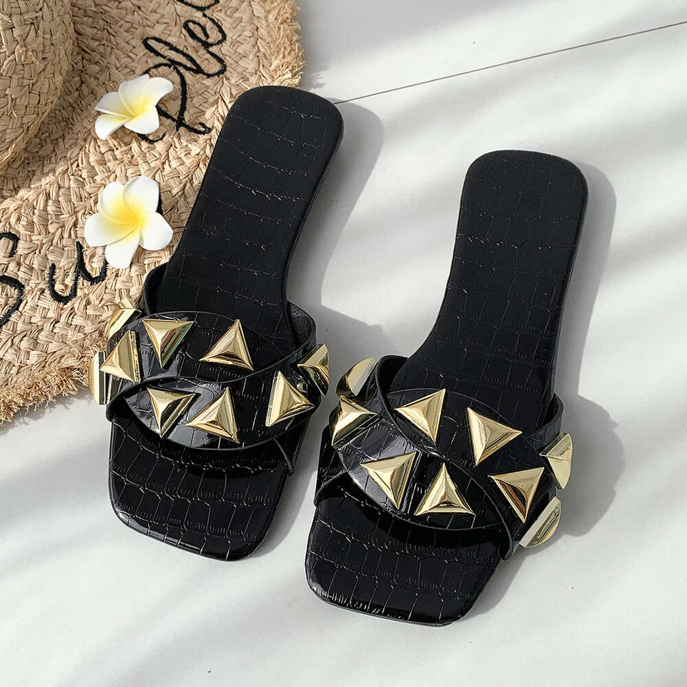 Summer Large Size New Women S Fashion Rivet Square Head Instagram Style Flat Bottom Slippers Ddmysaturn