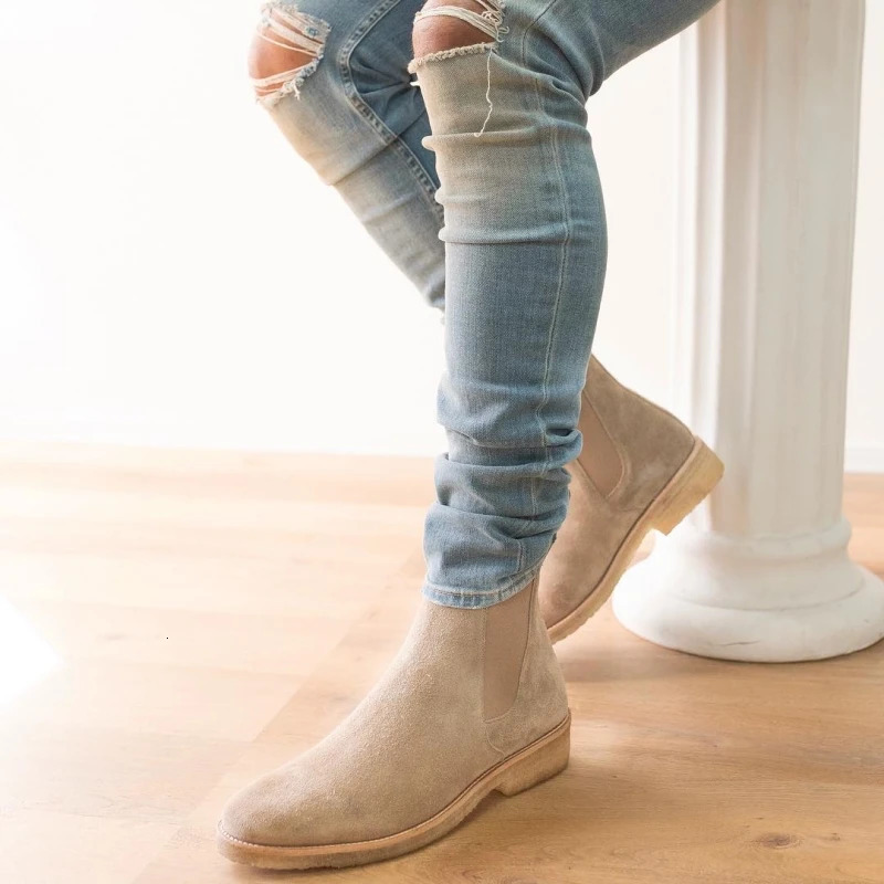 Lover's Genuine Leather Chelsea Boots Cow Suede Women Men Round Toe Slip-On Business Short Boots Size 35- Ankle Leather Boots 240619