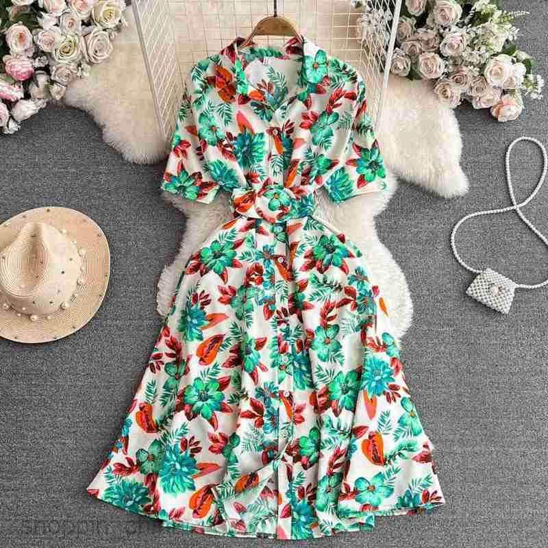 Basic Casual Dresses YuooMuoo Women Dress Fashion Print Floral A-line Shirt Dress Elegant Vintage Lady Summer Dress with Belt Casual Vestidos