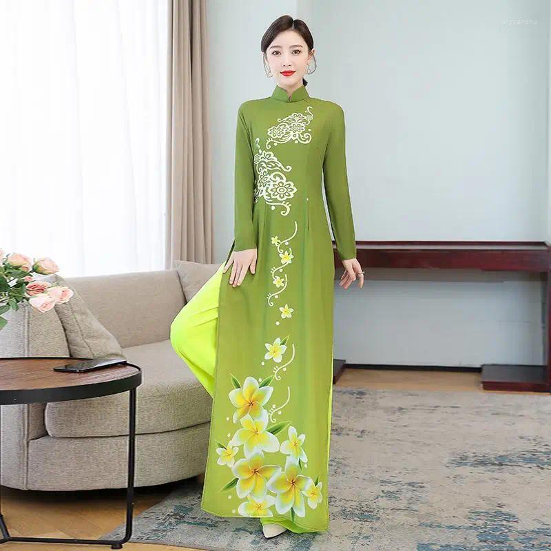 Ethnic Clothing 2024 Women Traditional Dress Vieam Ao Dai Cheongsam Dresses Green Aodai Suit Elegant Party