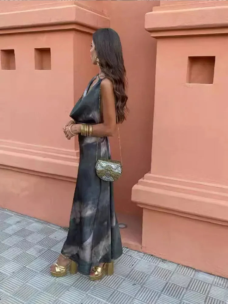Women Fashion Tiedye Print Halter Dress Elegant Swing Collar Backless Sleeveless Vestidos Summer Chic Evening Party Robes 240618