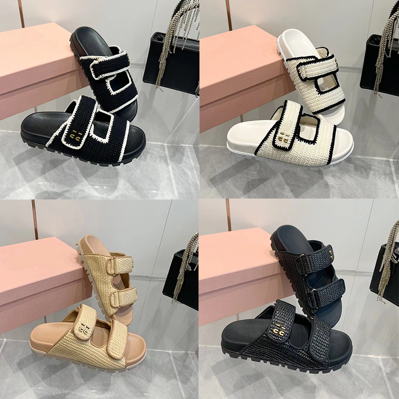 Designer Sandals women Crochet strap slides sandal Platform slippers Raffia-effect Woven Hook loop Slide Beach Women Sliders Slipper Womens flat comfort mule Shoes