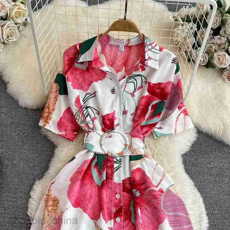 Basic Casual Dresses YuooMuoo Women Dress Fashion Print Floral A-line Shirt Dress Elegant Vintage Lady Summer Dress with Belt Casual Vestidos