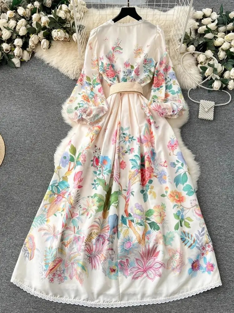 Spring Summer Floral Holiday Maxi Dress Womens Linen V Neck Long Lantern Sleeve Sashes Lace Trims Embroidery Robe Vestidos 240618