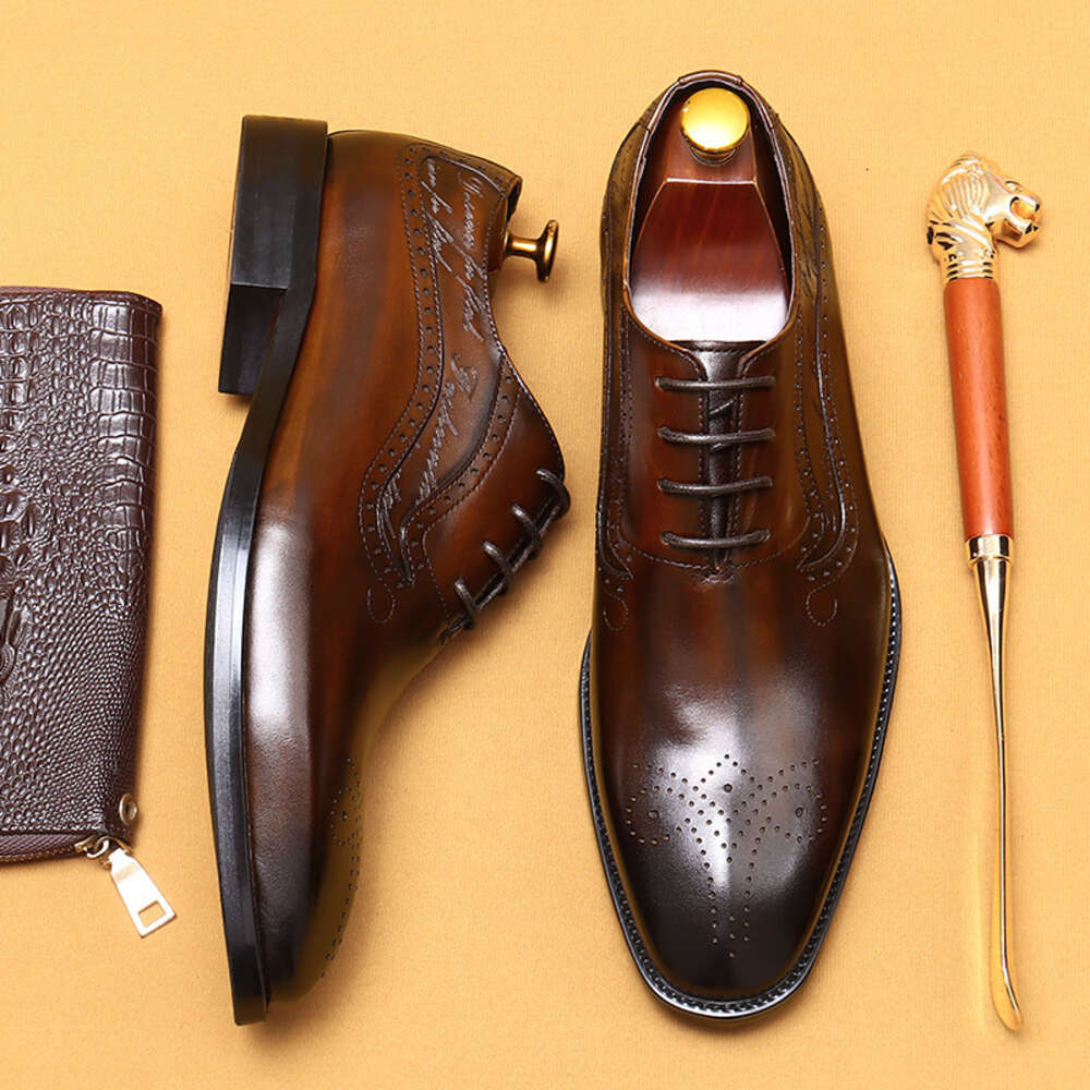 Leather Genuine Pointed Hand Painted Men S Shoes Business Dress Pointed Carved Block Oxford Ddmysaturn