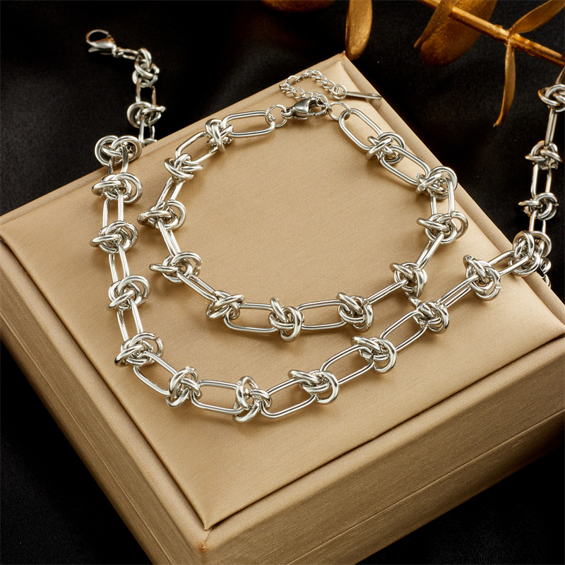 18k Gold Wire Knot Chunky Chain Necklace Bracelet Designer Jewelry Set Non Tarnish Stainless Steel Adjustable Chain Necklaces for Woman Man Heavy Meta