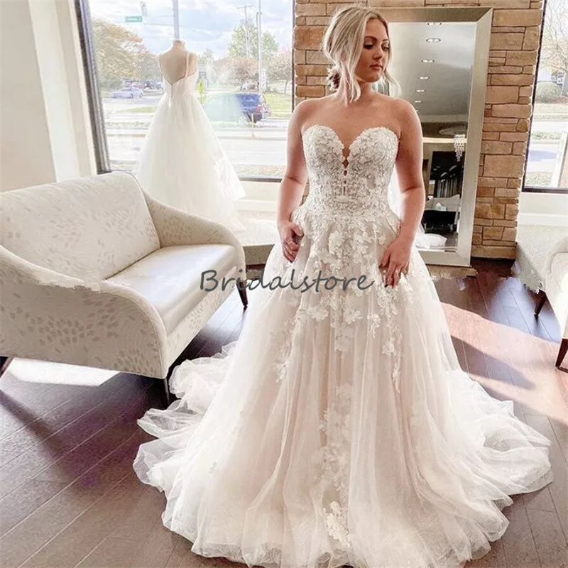 Plus Size Boho Wedding Dresses 2024 Appliques A Line Bohemian Fairy Bridal Dress Elegant Sweetheart Country Greek Bride Dress Tulle Lace Robe De Maria