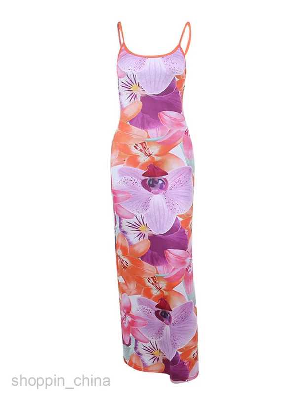 Casual Dresses Floral Print Sleeveless Slips Slit Sexy Bodycon Maxi Prom Dress Summer Women Elegant Y2K Party Club Long Robe Outfits