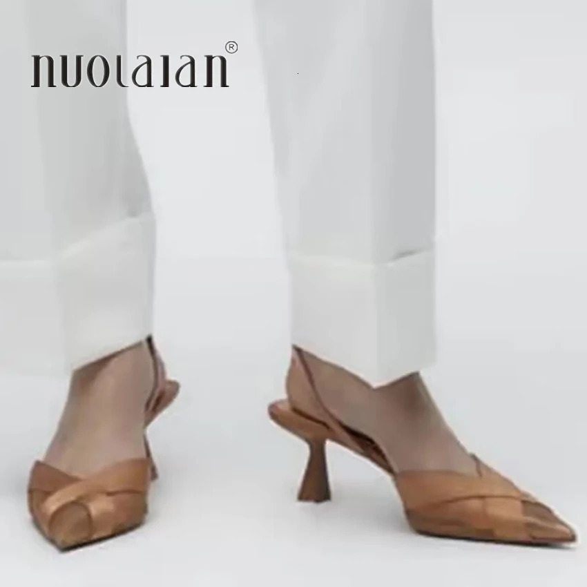 Womens Brown High Heels Womens Sandals Summer Fashion Pointed Feet Low Feet Pump Slingbacks Elegant Womens High Heels 240617