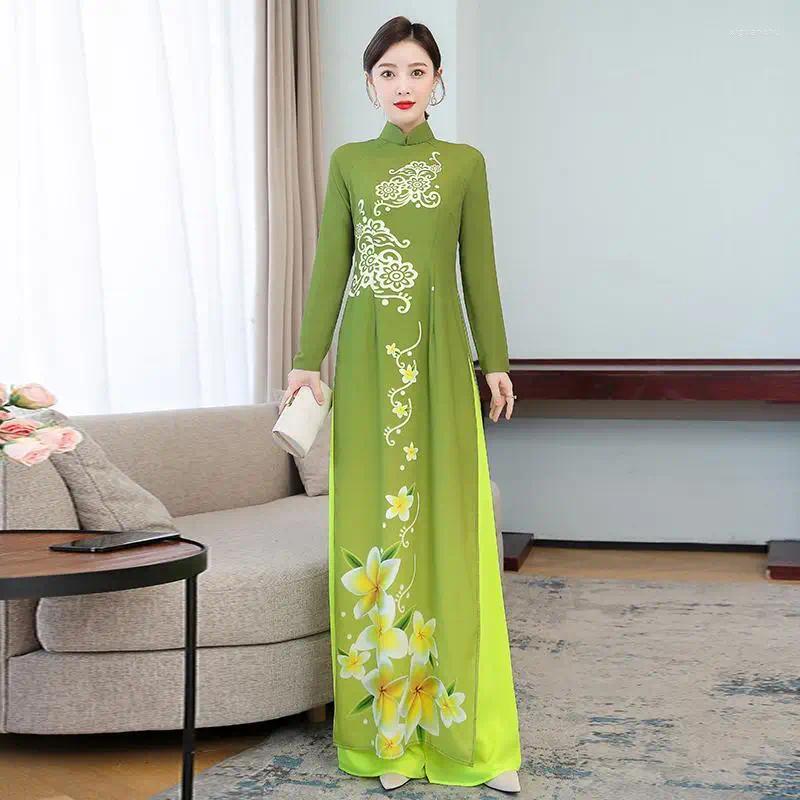 Ethnic Clothing 2024 Women Traditional Dress Vieam Ao Dai Cheongsam Dresses Green Aodai Suit Elegant Party