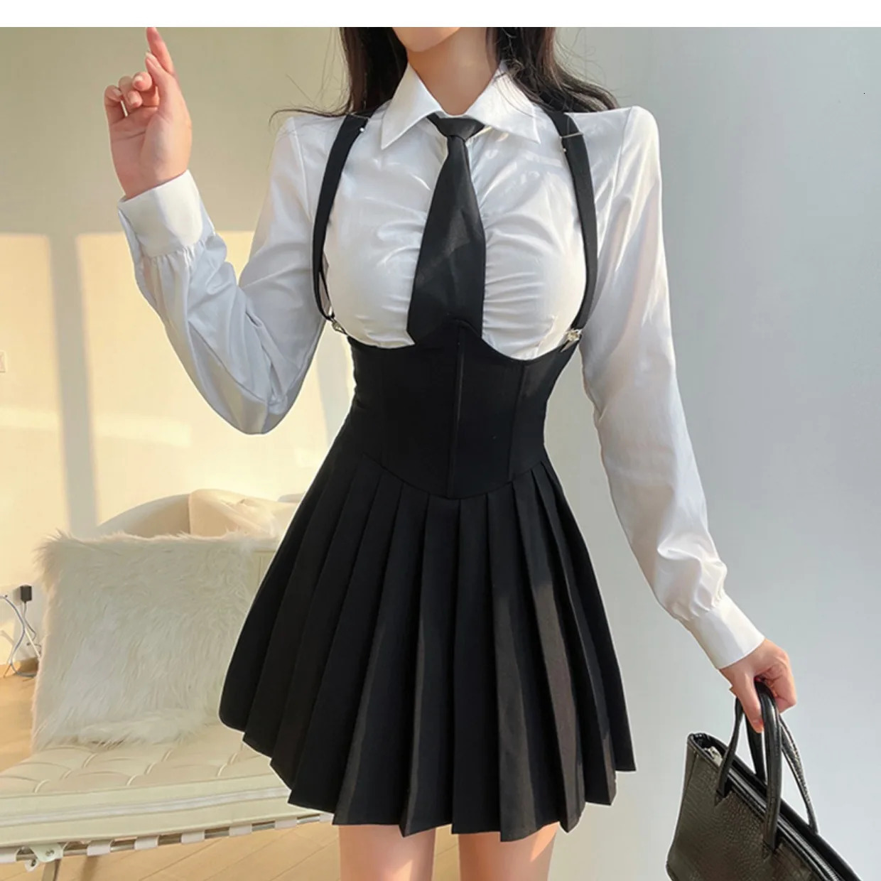Women Size 4XL Sexy JK Uniform Suit Slim American Sugar Spicy Girls College Style Set Shirt White Strap Pleated Skirt 240617