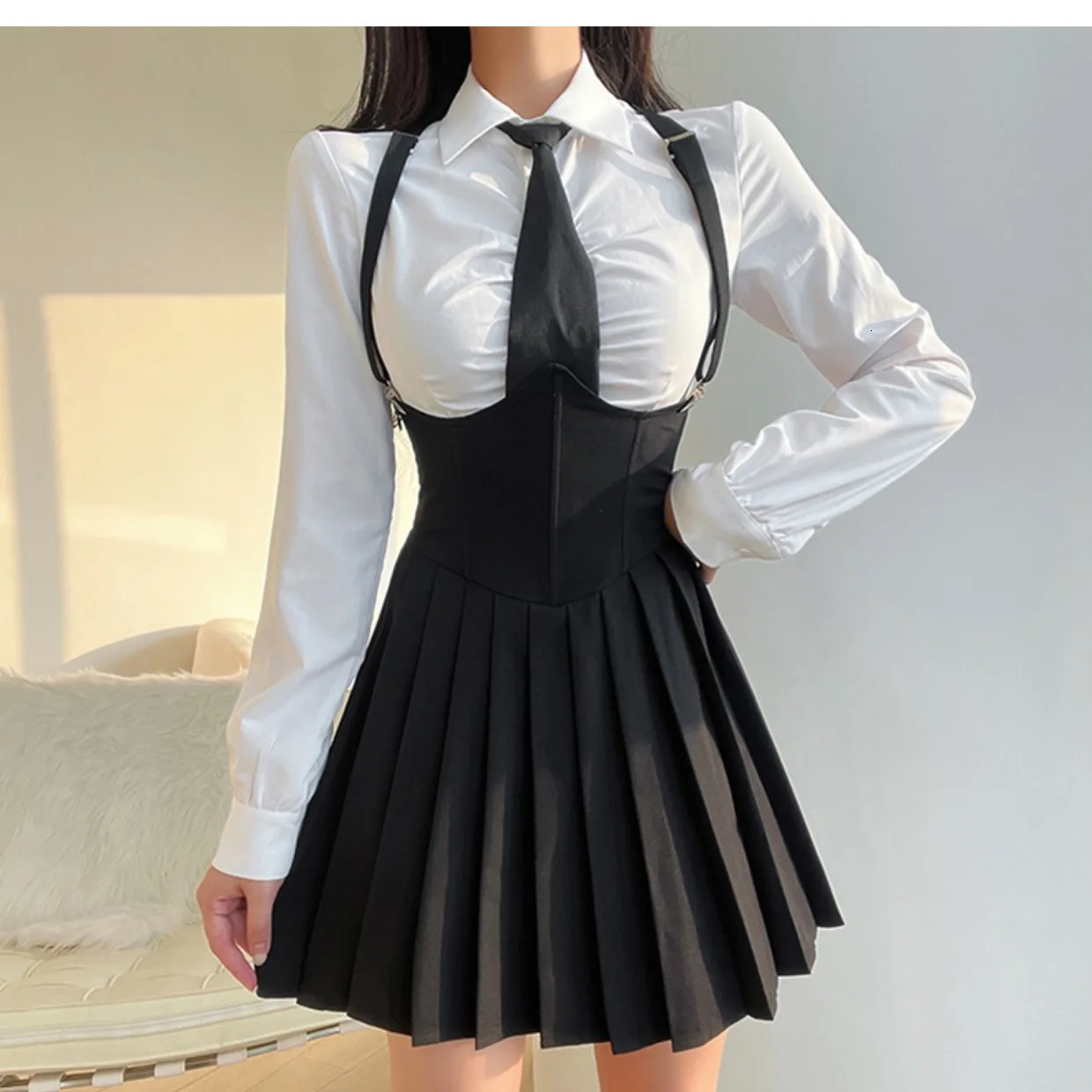 Women Size 4XL Sexy JK Uniform Suit Slim American Sugar Spicy Girls College Style Set Shirt White Strap Pleated Skirt 240617